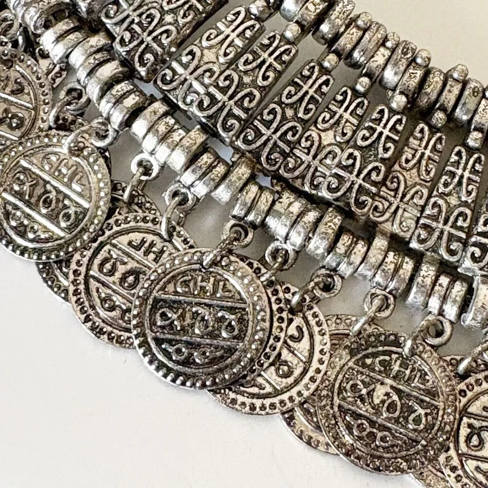 Silver Tone Coin Wide Choker Necklace Bohemian Gypsy Love Affair 16.5” - Picture 5 of 14